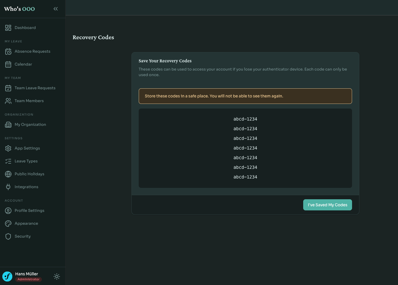 Backup codes recovery screen in Who's OOO showing eight one-time codes displayed after enabling two-factor authentication