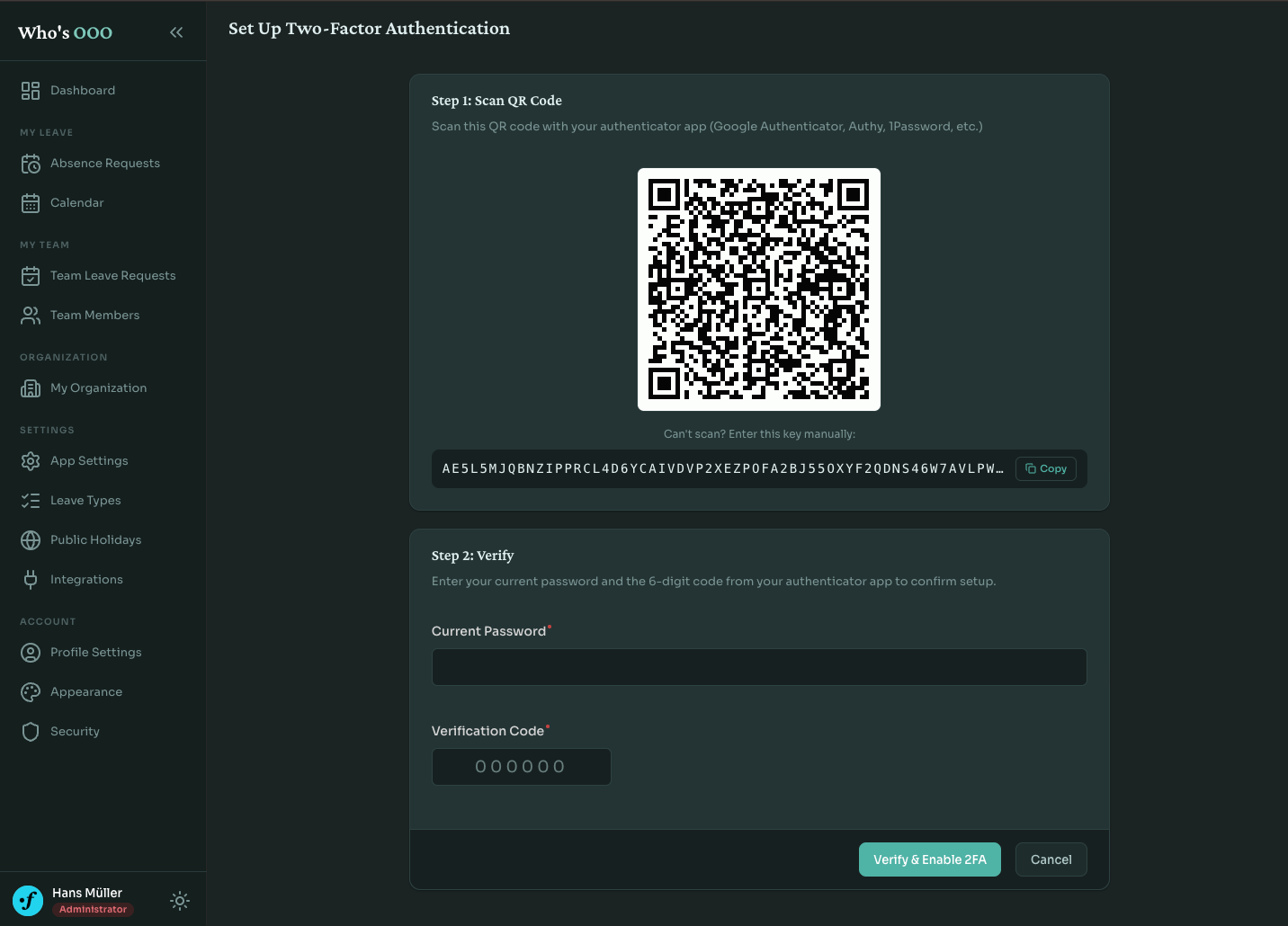 Two-factor authentication setup screen in Who's OOO with a QR code and a verification form for password and 6-digit TOTP code